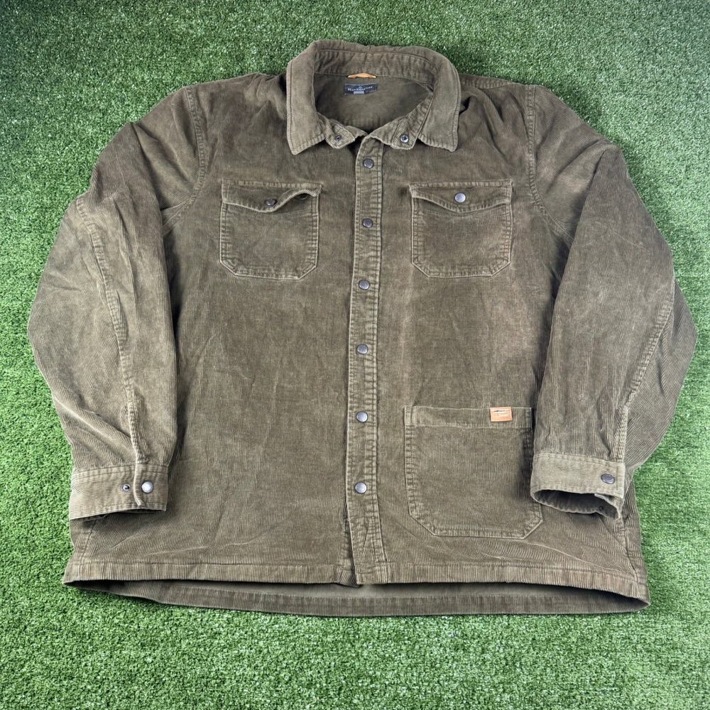LL Bean Signature Mens XL Corduroy Shirt Jacket Slim Fit Olive Green Snap Front